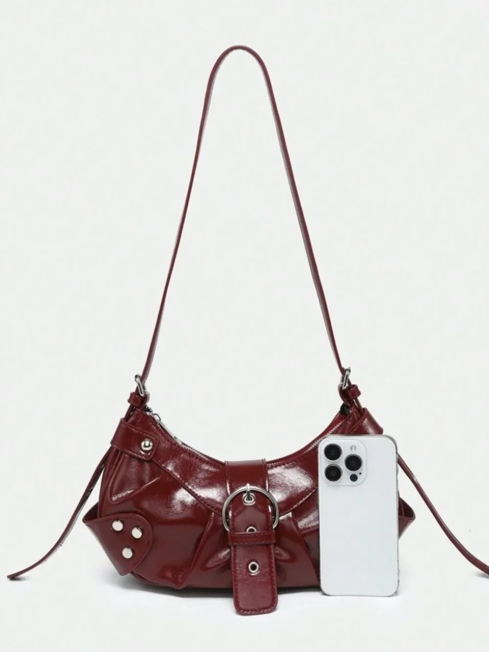 Burgundy Studded Baguette Bag Y2K Punk Vegan Leather Zip Shoulder